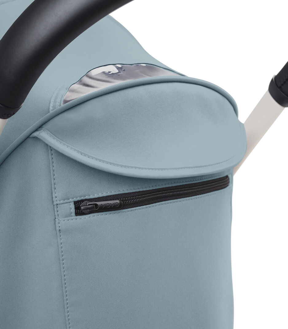 Stokke® YOYO3® 6+ Aqua. White Frame. Canopy ventilation closed, close-up. galery image 5
